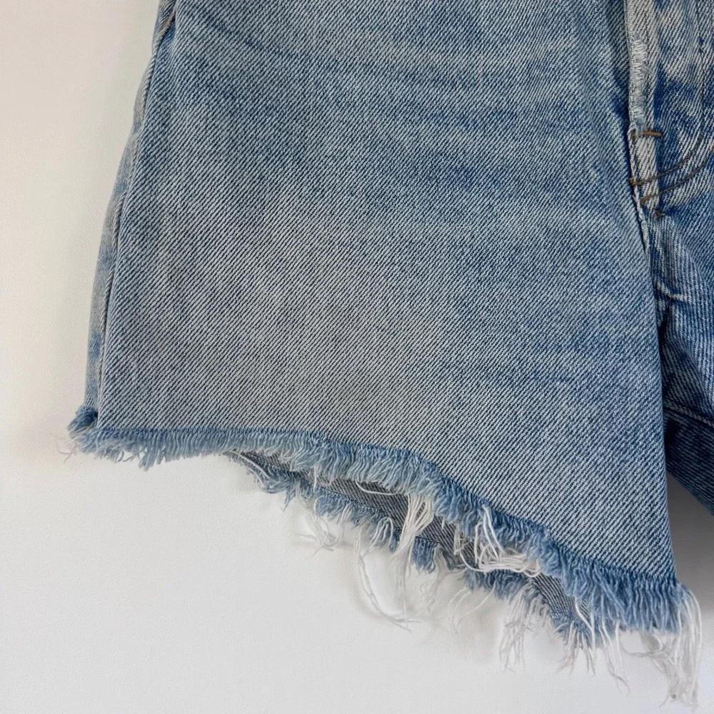 AGOLDE Parker Long High Rise Denim Shorts Skyewave Blue Raw Hem 24